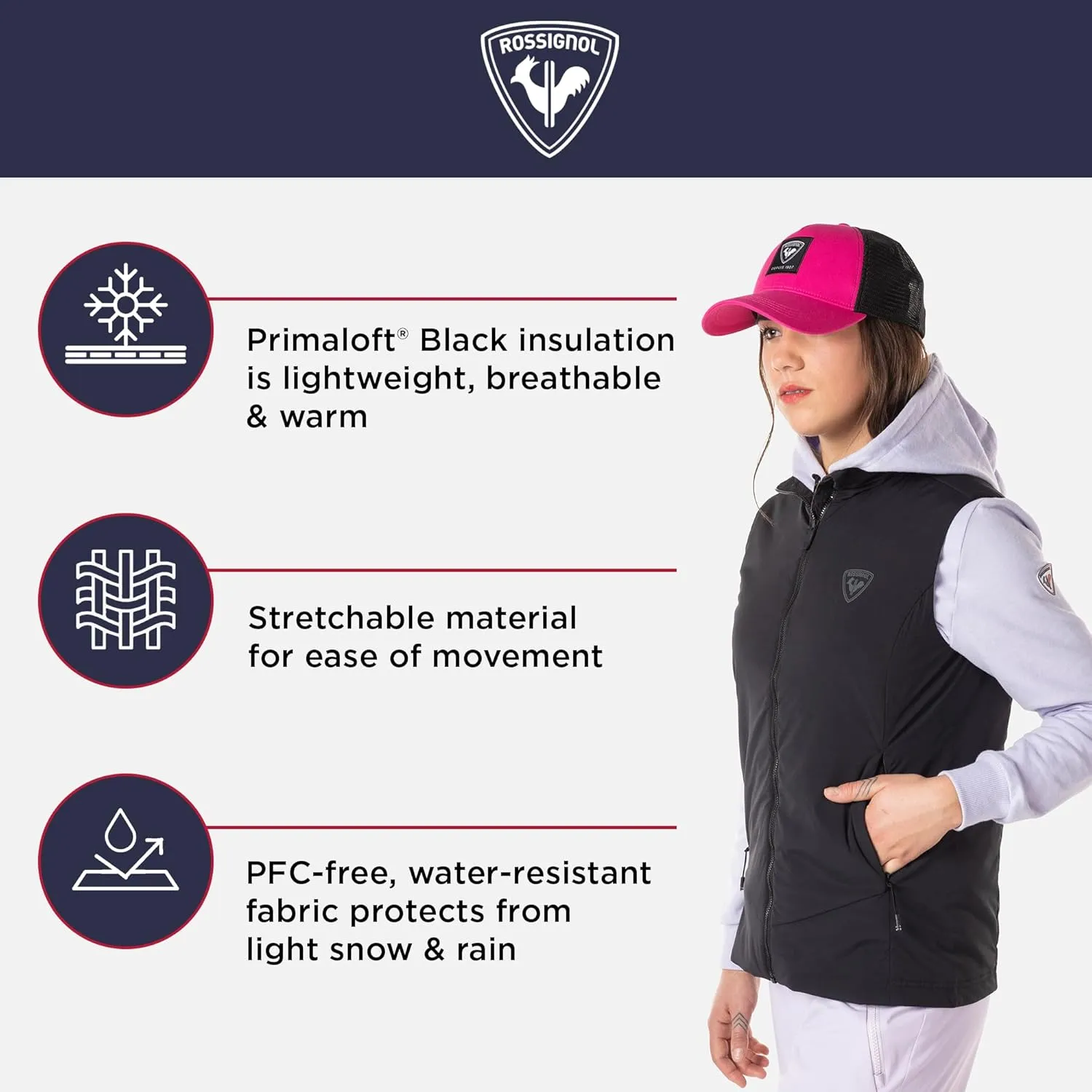 Rossignol Opside Vest - Insulated Ski Vests for Women - Light, Water-resistant, Snow Vests