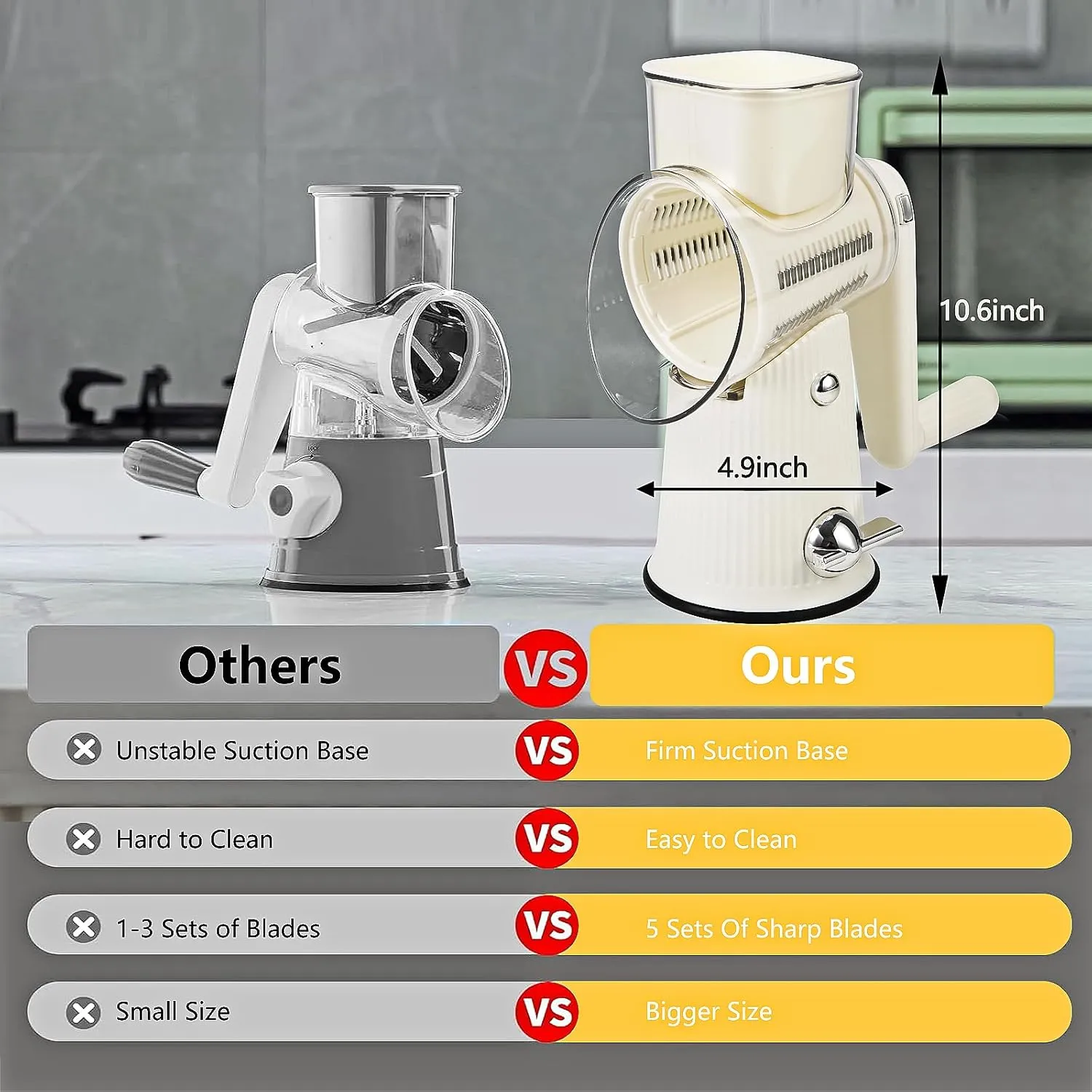 Rotary Cheese Grater with Handle, 5-in-1 Cheese Grater Hand Crank, Strong Suction Base, White