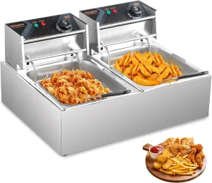 ROVSUN 22.8QT/21.6L Electric Deep Fryer, Countertop Commercial Stainless Steel Dual Tank Kitchen Fat Fryer Frying Machine w/Baskets Lids for French Fries Donuts, Adjustable Temp, 3400W