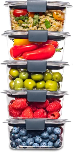 Rubbermaid Brilliance BPA-Free Food Storage Containers Multi Pack, 1.3 Cup Plastic Containers with Lids, 5 Pack, Leak Proof, Microwave & Dishwasher Safe
