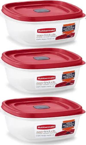 Rubbermaid Easy Find Lid Square 5-Cup Food Storage Container (Pack of 3), Red (Vented)