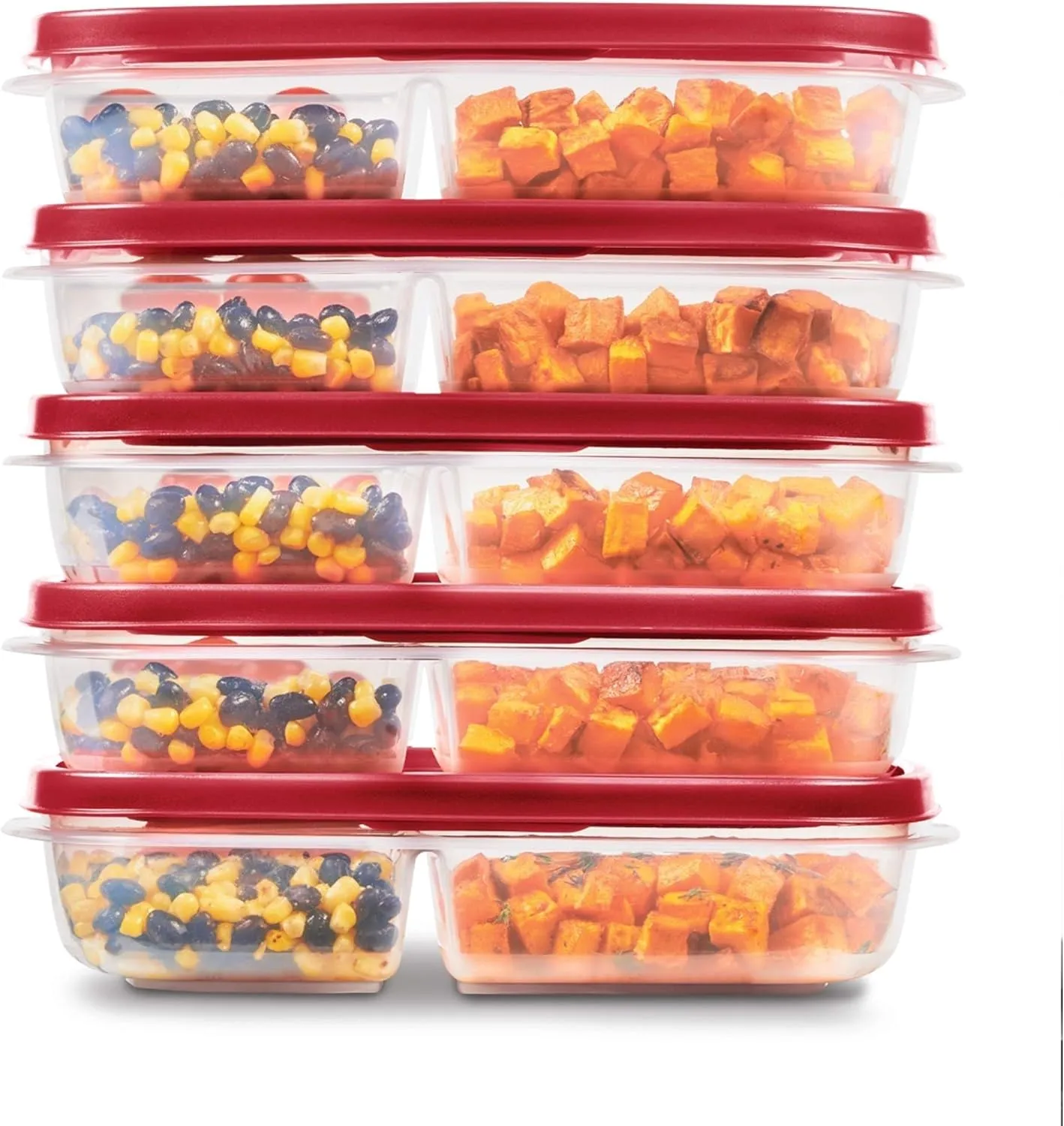 Rubbermaid EasyFindLids Meal Prep Containers, 3 Compartments, 5.1 Cup, 5-Pack, BPA-Free, Red