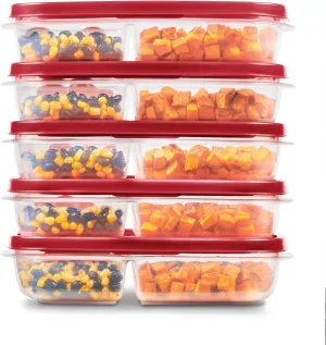 Rubbermaid EasyFindLids Meal Prep Containers, 3 Compartments, 5.1 Cup, 5-Pack, BPA-Free, Red