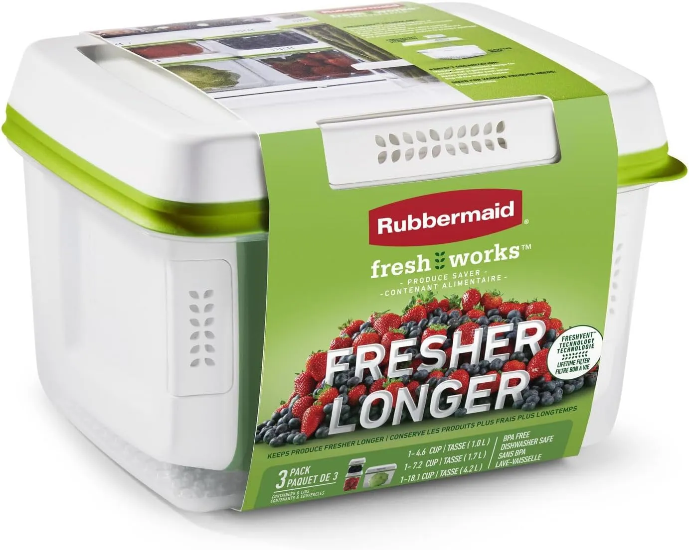Rubbermaid FreshWorks Produce Saver, Medium and Large Produce Storage Containers, 3-Container Set, Clear