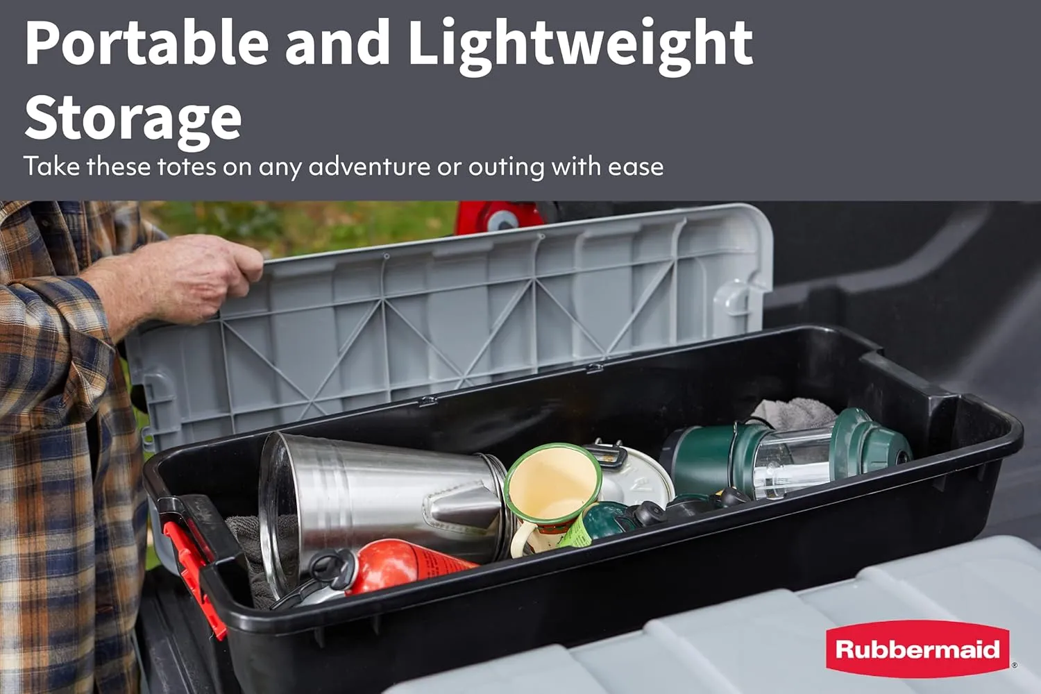 Rubbermaid Pack & Go 16 Gal Storage Tote, Durable Design and Easy to Transport, Built-In Handles, Tie Down Channels and Lockable Snap Tight Lid, Black Base, Green Lid and Orange Handles, Pack of 3