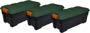 Rubbermaid Pack & Go 16 Gal Storage Tote, Durable Design and Easy to Transport, Built-In Handles, Tie Down Channels and Lockable Snap Tight Lid, Black Base, Green Lid and Orange Handles, Pack of 3