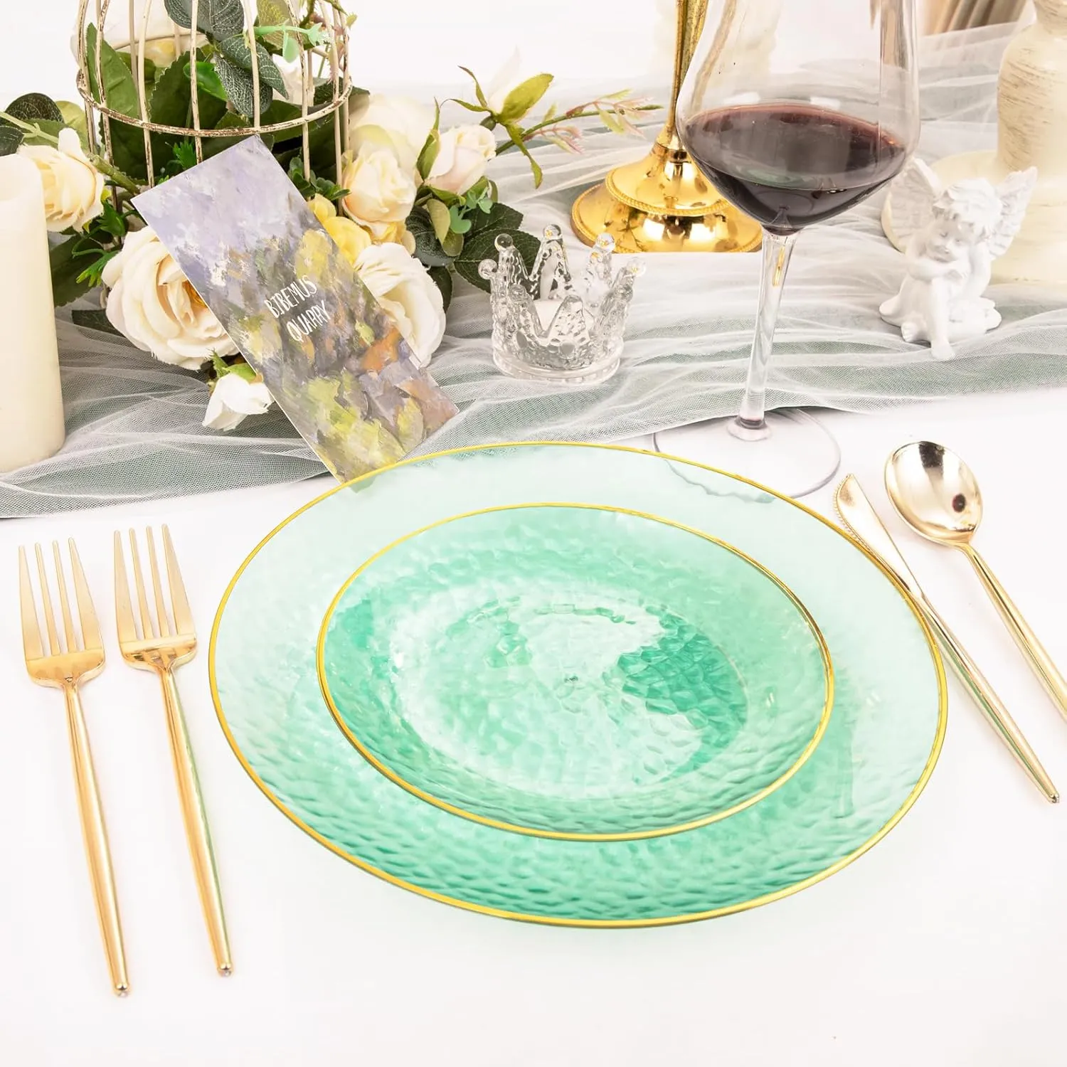 Rubtlamp 60 Green Plastic Plates, Hammered Clear and Gold Disposable Plates Include 30 Dessert Platos, 30 Dinner Platos for St. Patrick's Day