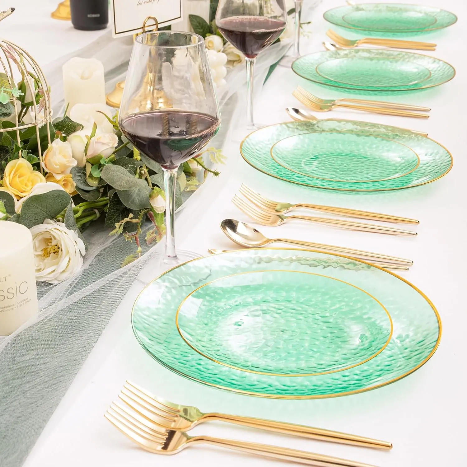 Rubtlamp 60 Green Plastic Plates, Hammered Clear and Gold Disposable Plates Include 30 Dessert Platos, 30 Dinner Platos for St. Patrick's Day