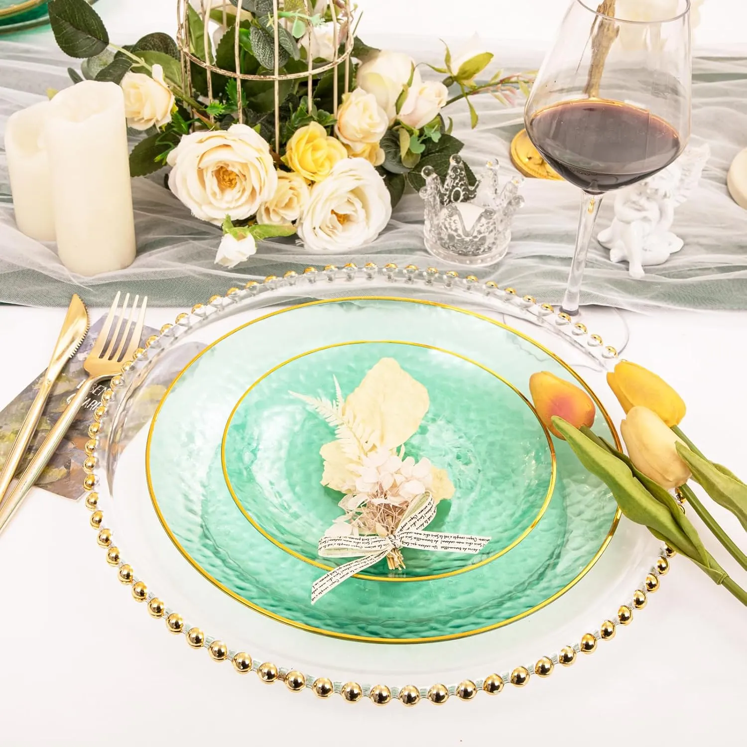 Rubtlamp 60 Green Plastic Plates, Hammered Clear and Gold Disposable Plates Include 30 Dessert Platos, 30 Dinner Platos for St. Patrick's Day