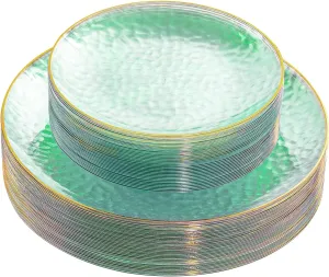 Rubtlamp 60 Green Plastic Plates, Hammered Clear and Gold Disposable Plates Include 30 Dessert Platos, 30 Dinner Platos for St. Patrick's Day