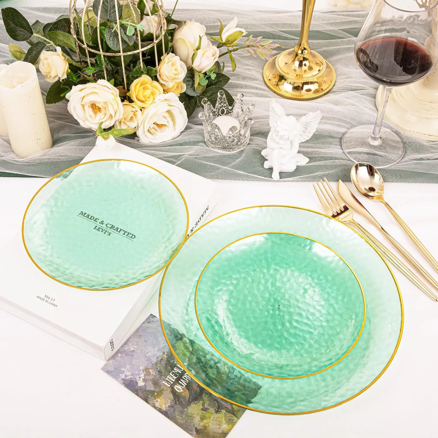 Rubtlamp 60 Green Plastic Plates, Hammered Clear and Gold Disposable Plates Include 30 Dessert Platos, 30 Dinner Platos for St. Patrick's Day
