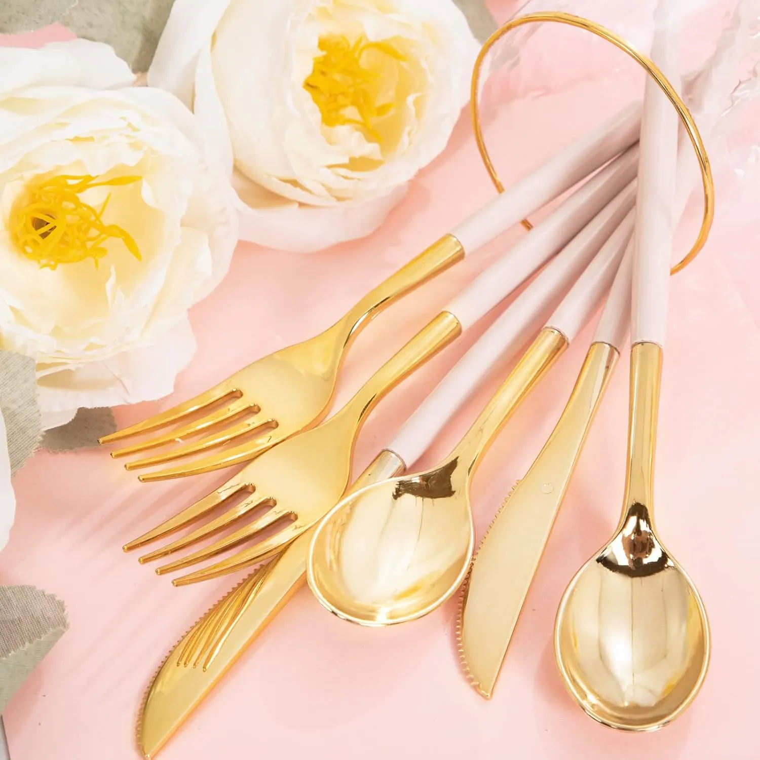 Rubtlamp 90Pcs Gold Plastic Silverware, Gold Plastic Utensils With Pink Handles Include 30 Plastic Gold Knives, 60 Plastic Forks and Spoons, Pink Plastic Silverware Heavy Duty For Party, Mother's Day