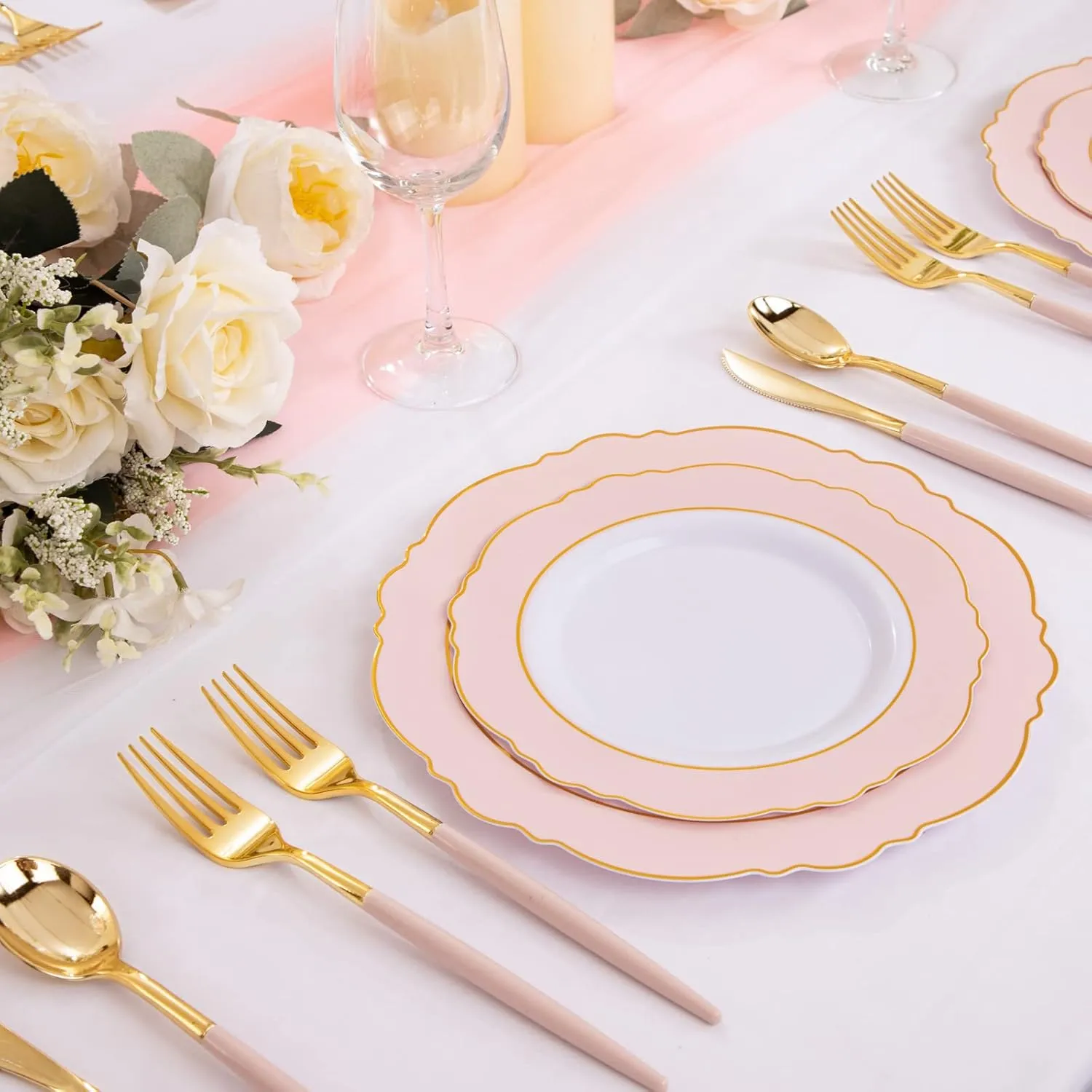 Rubtlamp 90Pcs Gold Plastic Silverware, Gold Plastic Utensils With Pink Handles Include 30 Plastic Gold Knives, 60 Plastic Forks and Spoons, Pink Plastic Silverware Heavy Duty For Party, Mother's Day