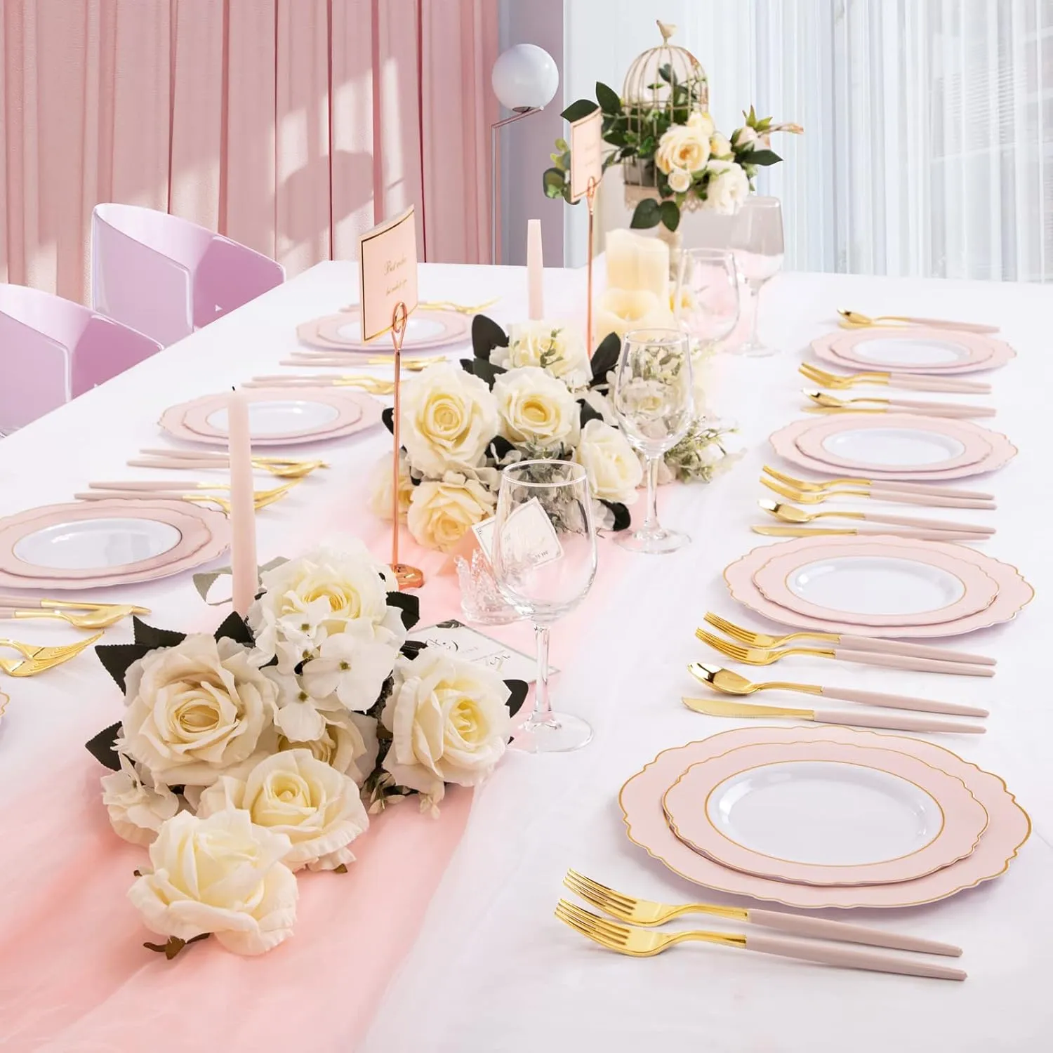 Rubtlamp 90Pcs Gold Plastic Silverware, Gold Plastic Utensils With Pink Handles Include 30 Plastic Gold Knives, 60 Plastic Forks and Spoons, Pink Plastic Silverware Heavy Duty For Party, Mother's Day
