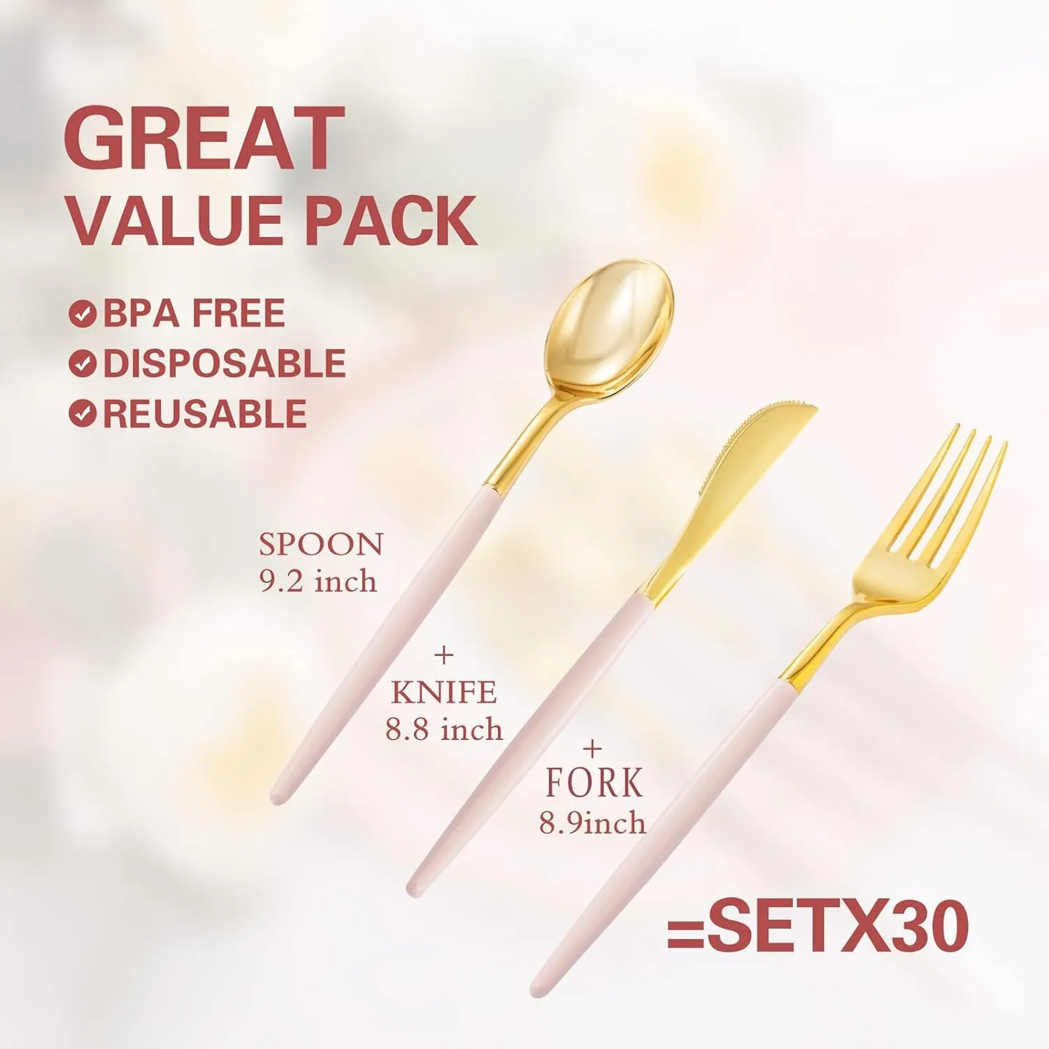 Rubtlamp 90Pcs Gold Plastic Silverware, Gold Plastic Utensils With Pink Handles Include 30 Plastic Gold Knives, 60 Plastic Forks and Spoons, Pink Plastic Silverware Heavy Duty For Party, Mother's Day