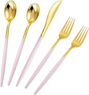 Rubtlamp 90Pcs Gold Plastic Silverware, Gold Plastic Utensils With Pink Handles Include 30 Plastic Gold Knives, 60 Plastic Forks and Spoons, Pink Plastic Silverware Heavy Duty For Party, Mother's Day