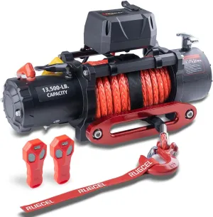 RUGCEL WINCH 13500lb Waterproof Electric Truck Winch 12V Synthetic Rope Jeep Winch with Hawse Fairlead,Wired Handle and 2 Wireless Remote,for Trailer and Wrangler in Car Lift