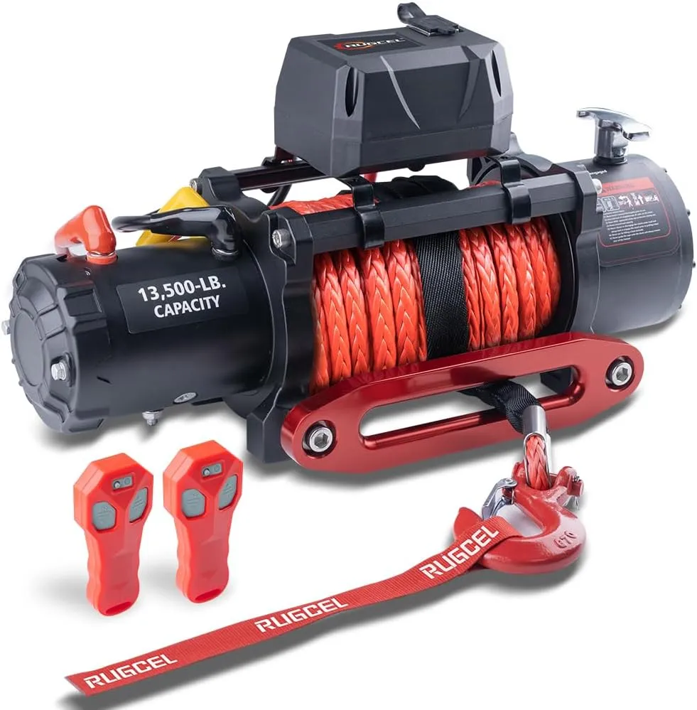 RUGCEL WINCH 13500lb Waterproof Electric Truck Winch 12V Synthetic Rope Jeep Winch with Hawse Fairlead,Wired Handle and 2 Wireless Remote,for Trailer and Wrangler in Car Lift