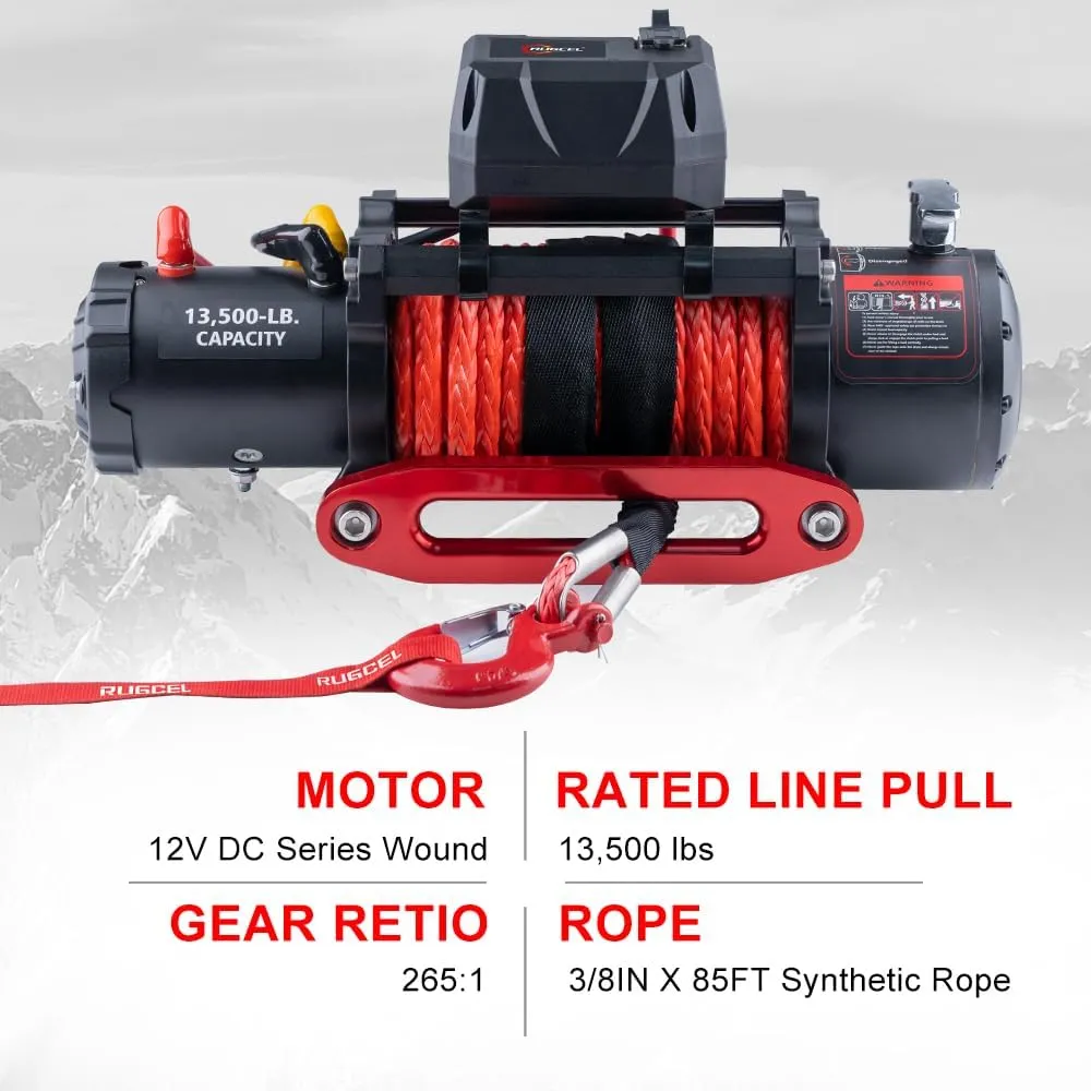 RUGCEL WINCH 13500lb Waterproof Electric Truck Winch 12V Synthetic Rope Jeep Winch with Hawse Fairlead,Wired Handle and 2 Wireless Remote,for Trailer and Wrangler in Car Lift