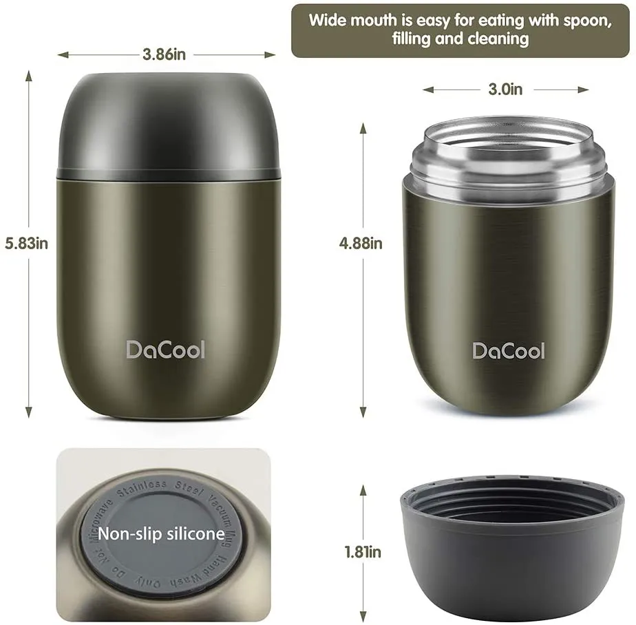 Rynx | DaCool warm food jar insulated lunch box container vacuum stainless steel 16 gram child adult bento box for warm food with spoon leak-proof for school office picnic travel outdoor, BPA-free - Gray