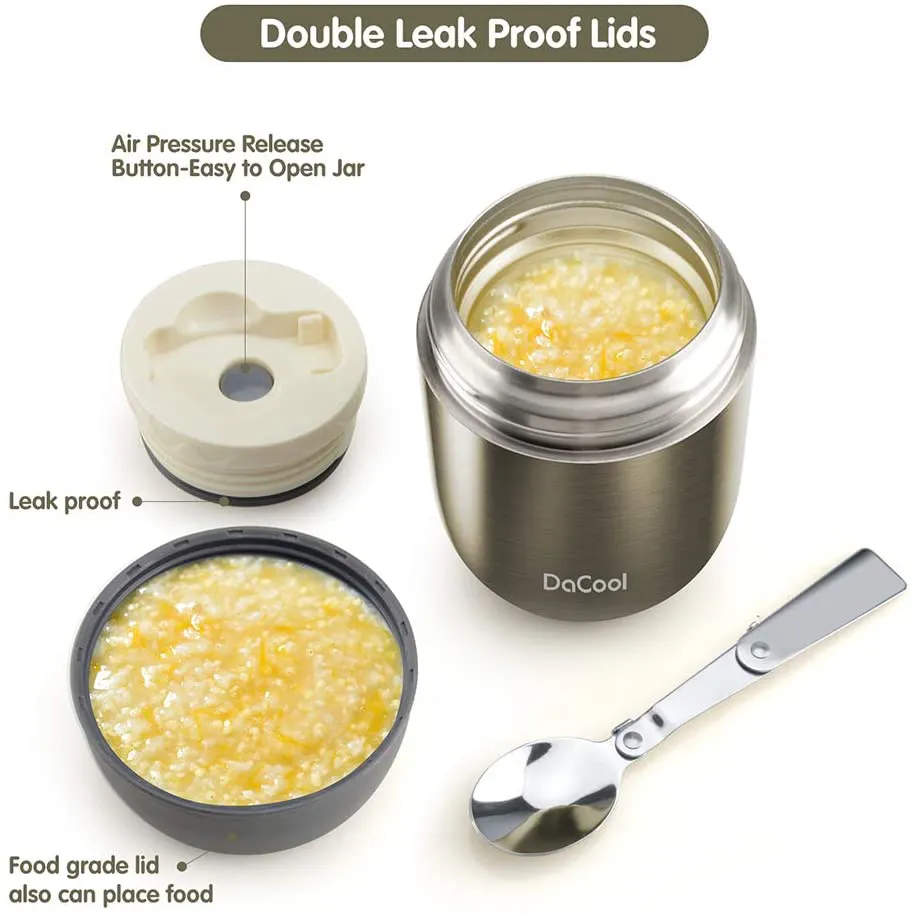 Rynx | DaCool warm food jar insulated lunch box container vacuum stainless steel 16 gram child adult bento box for warm food with spoon leak-proof for school office picnic travel outdoor, BPA-free - Gray