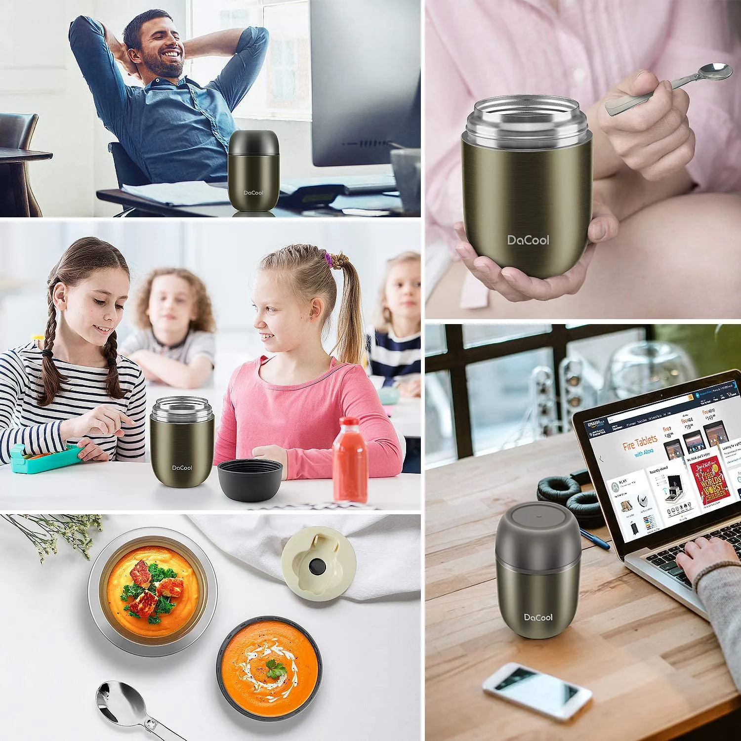 Rynx | DaCool warm food jar insulated lunch box container vacuum stainless steel 16 gram child adult bento box for warm food with spoon leak-proof for school office picnic travel outdoor, BPA-free - Gray
