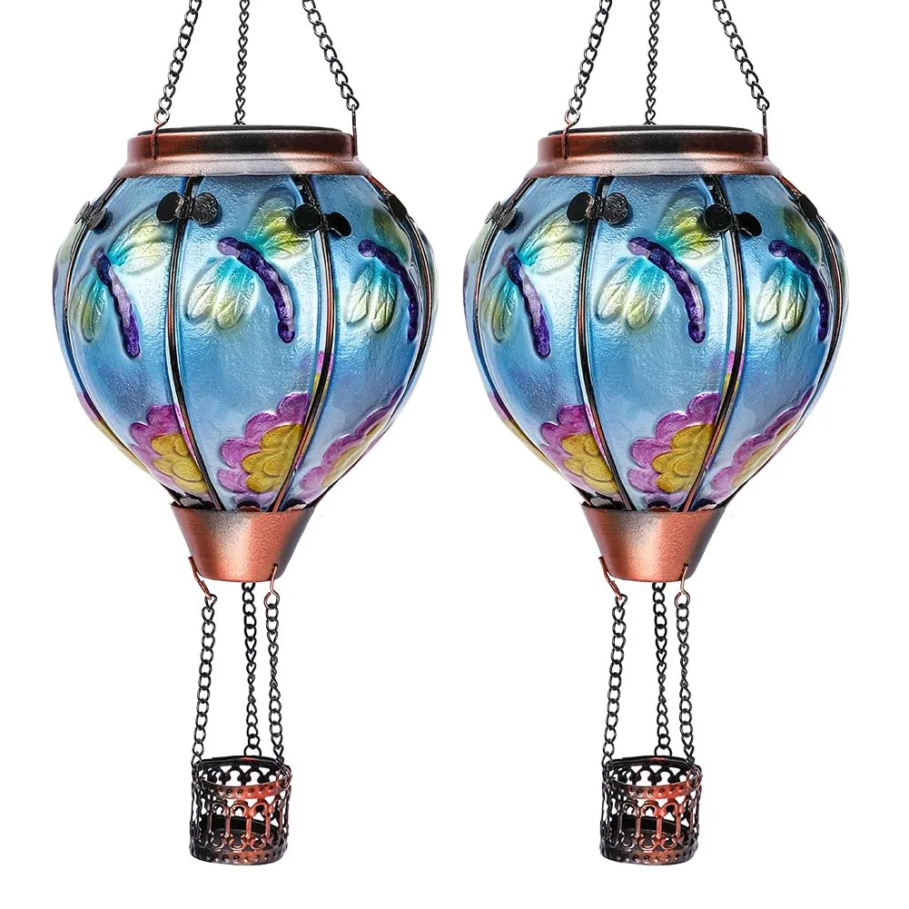 Rynx | Ouisjyer 2Pc Hot Air Balloon Solar Lantern With 2Pc Shepherd's Pole, Flaming Flame Hanging Solar Lanterns Outdoor Lights Waterproof Lanterns Decorative Garden Patio Garden Party Decor (Dragonfly)