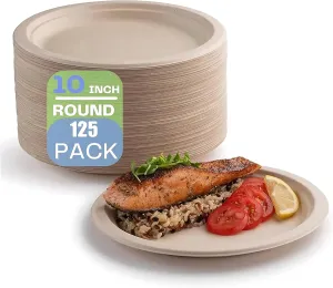SABA 100% Compostable Bagasse Sugarcane Disposable Plates - 125 Pack, Heavy-Duty Quality, Eco-Friendly and Biodegradable Dinner Plates Made of Sugar Cane Fiber (10 Inch 125 Pack)