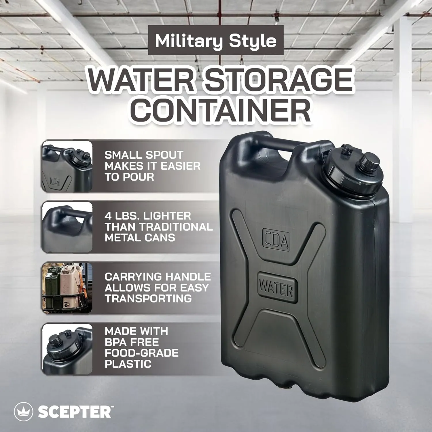 Scepter BPA Durable 5 Gallon 20 Liter Portable Military Water Storage Container for Camping, Outdoors and Emergency Management