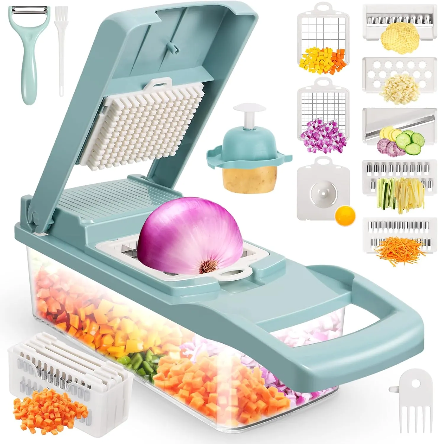senbowe Ultra-Sharp 420-Grade Hardened Stainless Steel Onion Vegetable Chopper Dicer, 8 Interchangeable Blades, Includes Egg White Separator, Time Saver, 1 Year Warranty