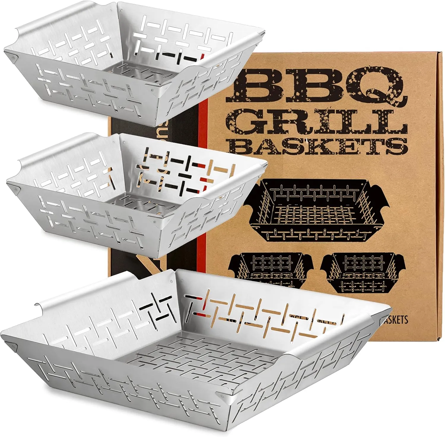(Set of 3) Heavy Duty Vegetable Grill Baskets for Outdoor Grill, Stainless Steel Veggie Grilling Basket for All Grills, BBQ Gifts for Men, 1 Large & 2 Small