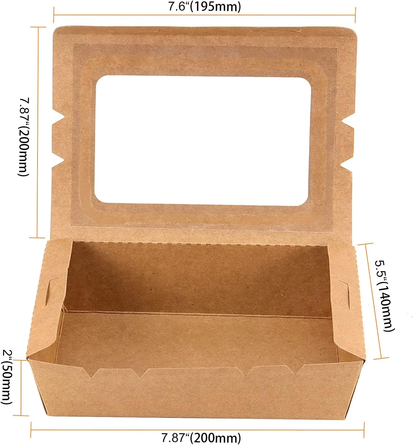 SEUNMUK 50 Pack 70 oz / 2100 ml Kraft Food Boxes with Window, 7.9x5.5x2 Inch Disposable Kraft Food Container, Take Out Food Containers, Lunch Meal Box for Restaurant, Catering and Party