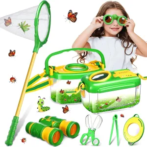 Sherr Bug Catching Kit for Kid 7 Pcs Outdoor Explorer Bug Toys Include Insect Box, Butterfly Net, Capsule Insect Clip, Magnifying Glass, Binocular, Insect Tweezer, Butterfly Viewer Box Adventure Gift