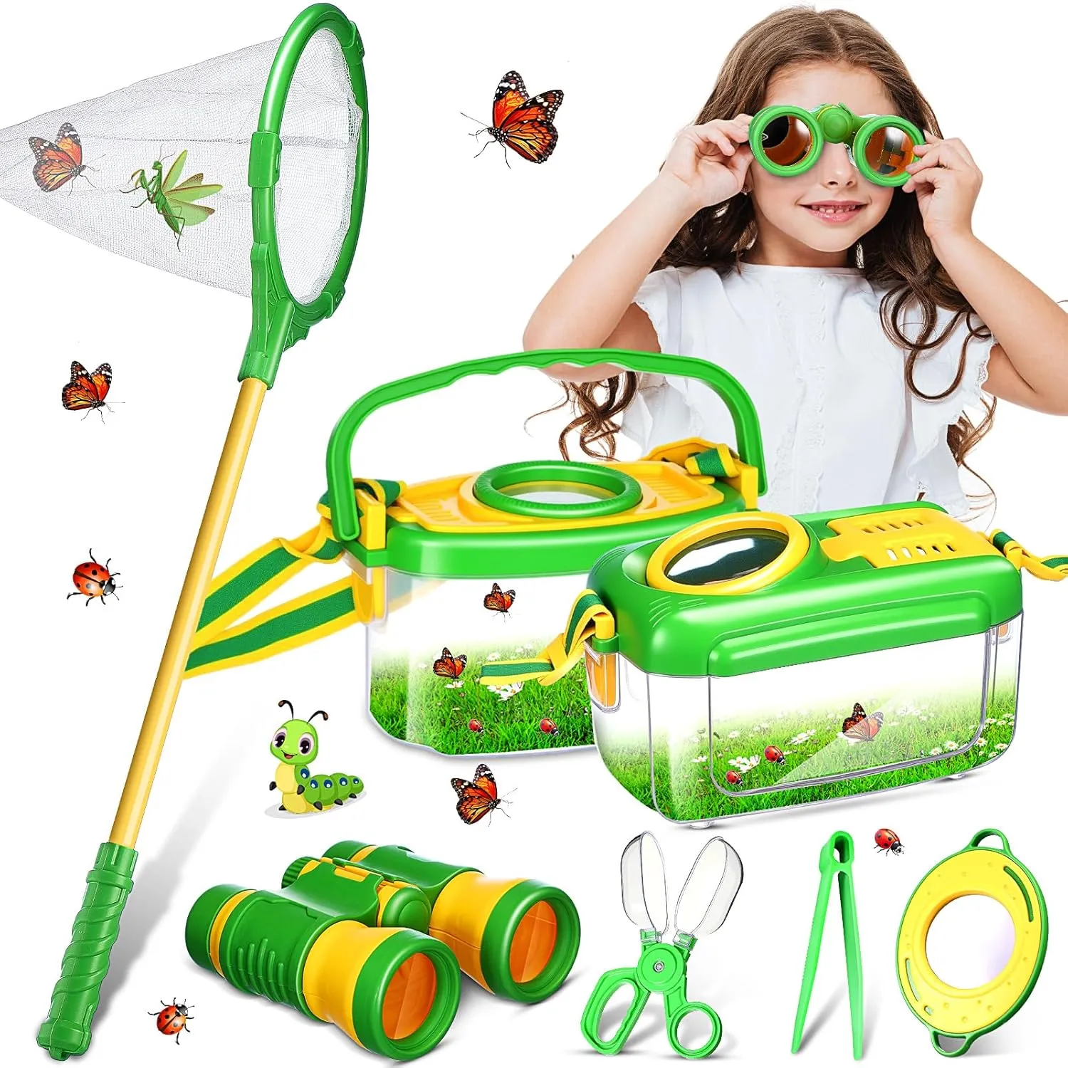 Sherr Bug Catching Kit for Kid 7 Pcs Outdoor Explorer Bug Toys Include Insect Box, Butterfly Net, Capsule Insect Clip, Magnifying Glass, Binocular, Insect Tweezer, Butterfly Viewer Box Adventure Gift
