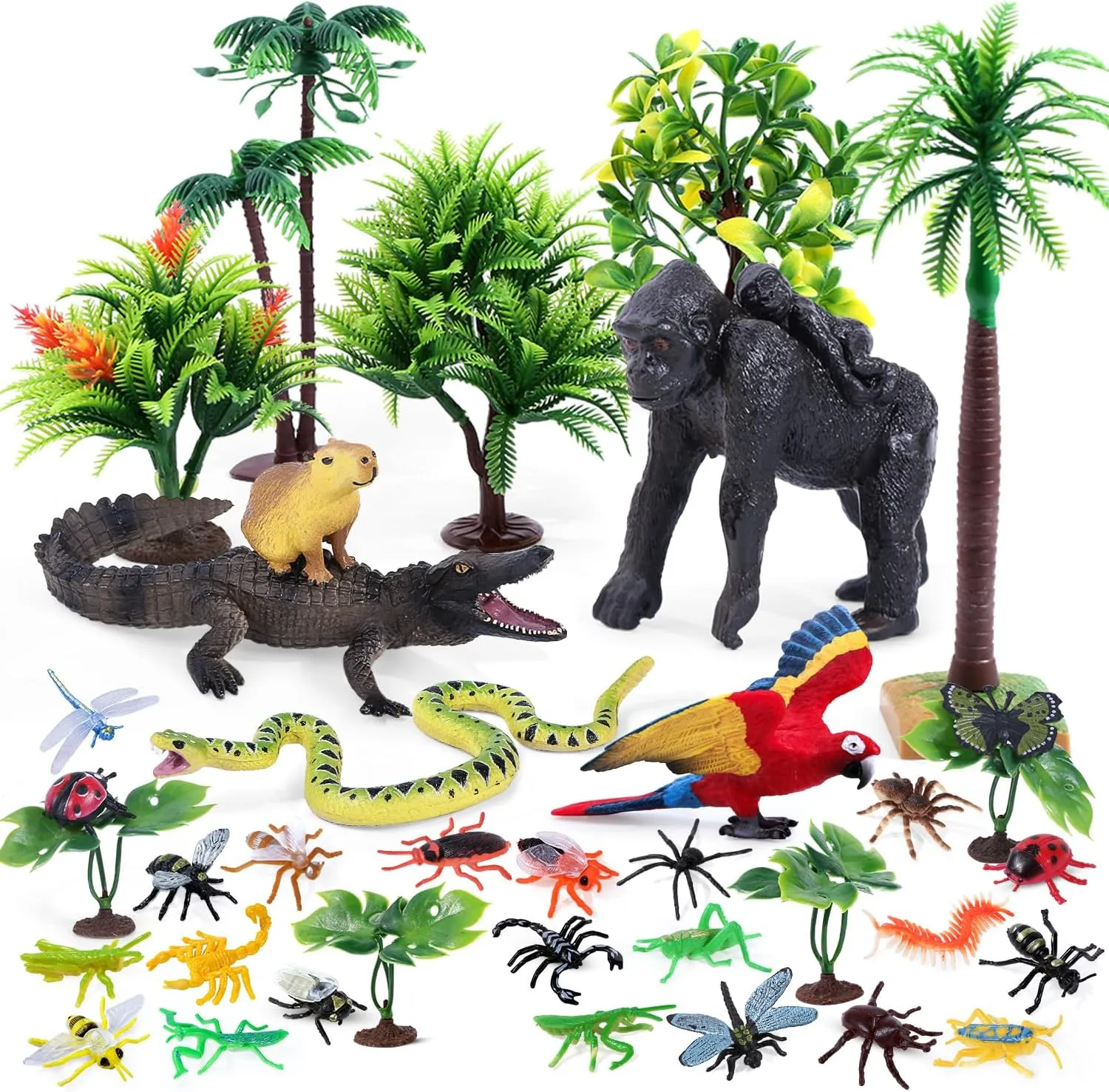 SIENON 39Pcs Rainforest Animal Figurines Set Model Tress Kit Rainforest Diorama Project with Gorilla Parrot Crocodile Capybara Anaconda Snake Insects Playset for Kids Birthday Cake Toppers Party Décor
