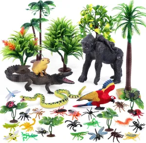 SIENON 39Pcs Rainforest Animal Figurines Set Model Tress Kit Rainforest Diorama Project with Gorilla Parrot Crocodile Capybara Anaconda Snake Insects Playset for Kids Birthday Cake Toppers Party Décor