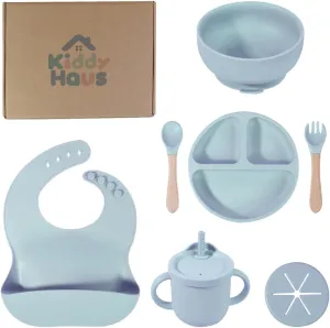 Silicone Baby Feeding Set | BPA-FREE |9 PCS Baby Led Weaning Supplies Self Feeding Utensils | Divided Suction Plate Bowl Bib Training Sippy Cup Spoon Fork (Blue)