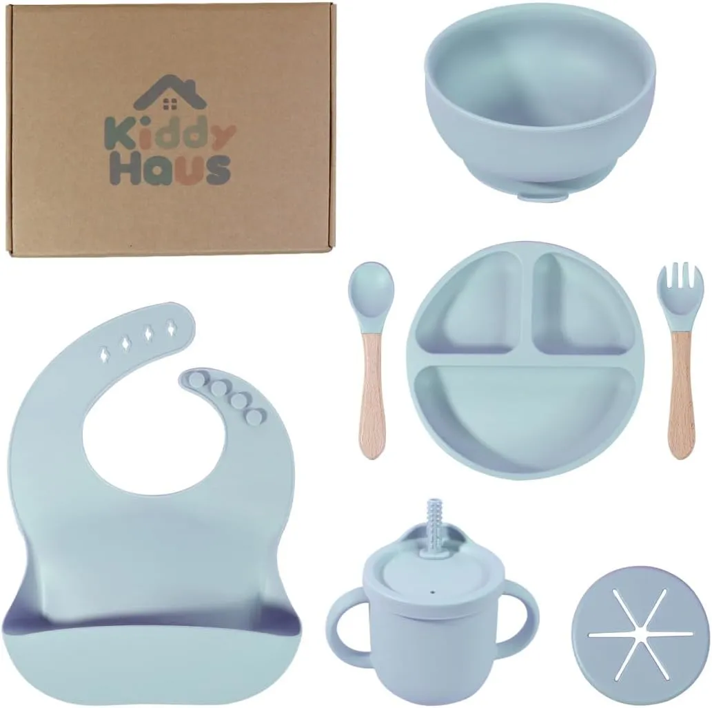 Silicone Baby Feeding Set | BPA-FREE |9 PCS Baby Led Weaning Supplies Self Feeding Utensils | Divided Suction Plate Bowl Bib Training Sippy Cup Spoon Fork (Blue)