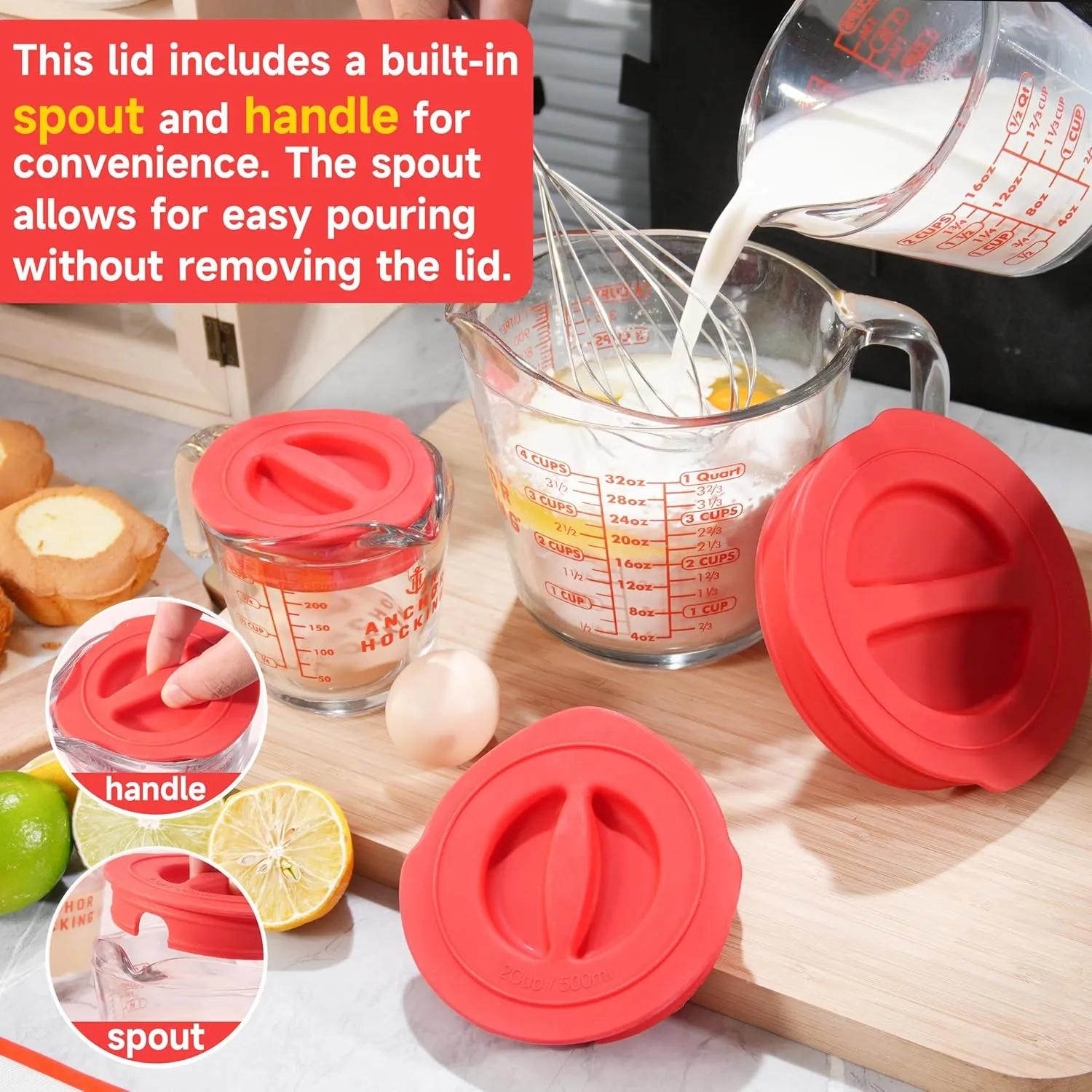 Silicone Replacement Lid Only Fit For Anchor Hocking 1-Cup, 2-Cup, 4-Cup Glass Measuring Cup, Reusable & Durable, Dishwasher, Microwave Safe (Cup not Included)