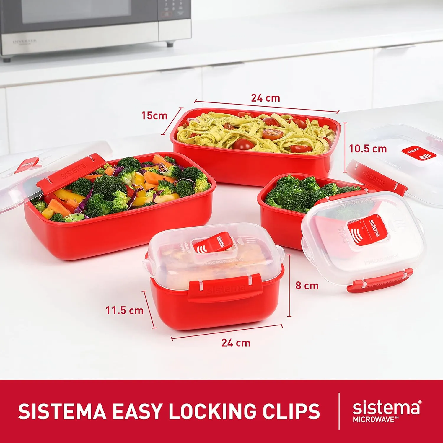 Sistema Microwave Food Storage Containers with Steam Release Vent, Dishwasher Safe Red