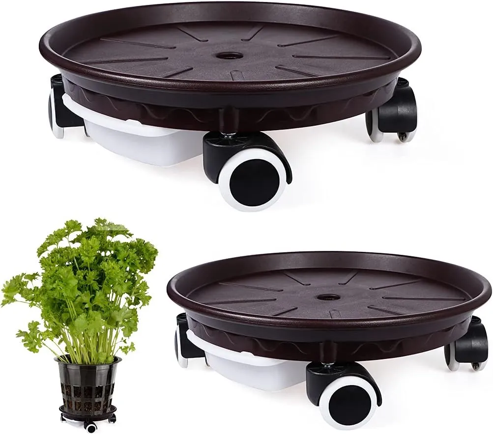 Skelang 2-Pack Plant Caddy 13.3 Inches, Plant Pallet with Water Drawer, Rolling Plant Dolly for Moving Flower Pots, Planter, Potted Plants, Load Capacity 180Lbs (Brown)