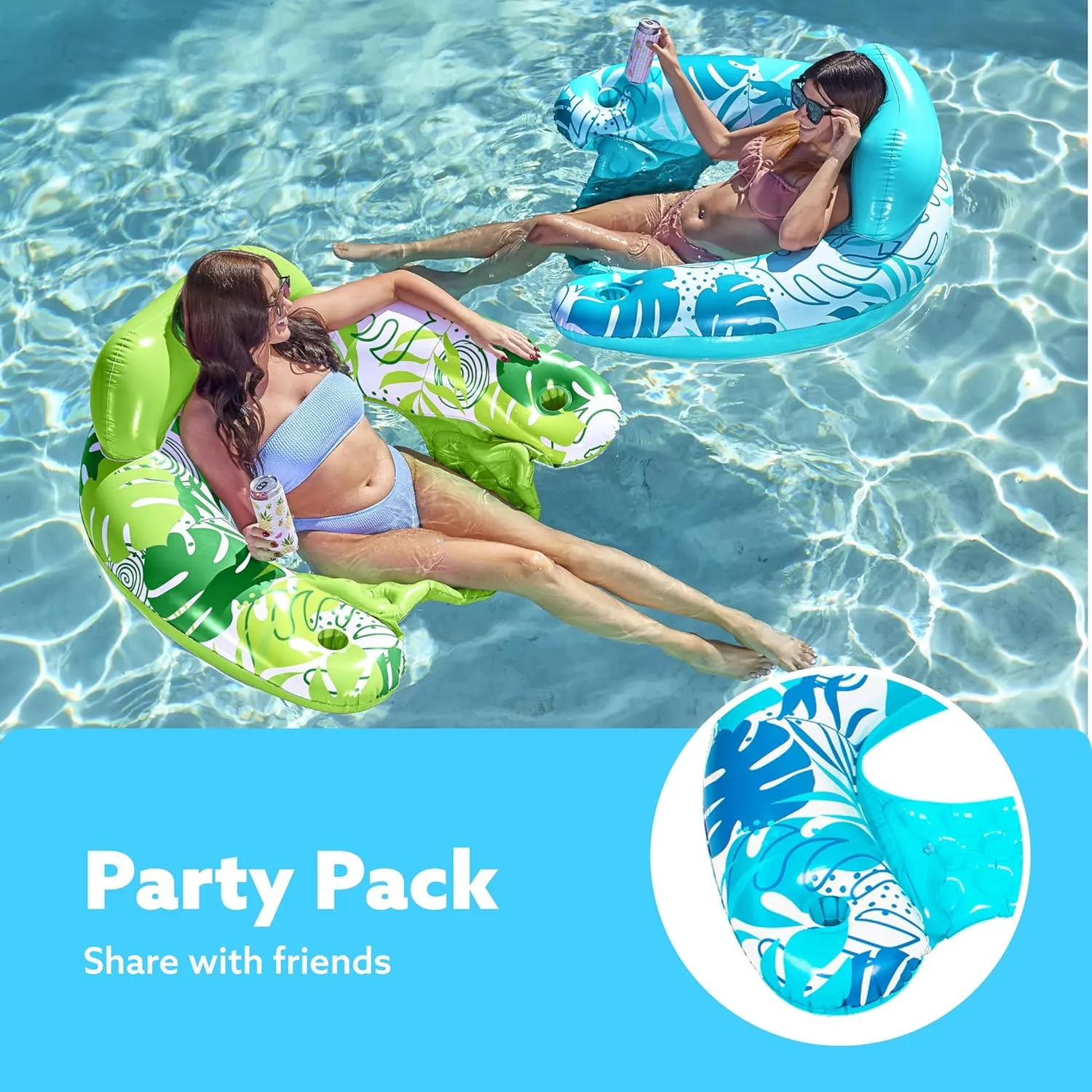 SLOOSH Inflatable Pool Floats Adult,2 Pack Pool Chairs with Cup Holders,Blow up Floats Chair,Hammock Noodle Mat Leaves Design for Relaxing Summer Water Fun Swimming Party Beach
