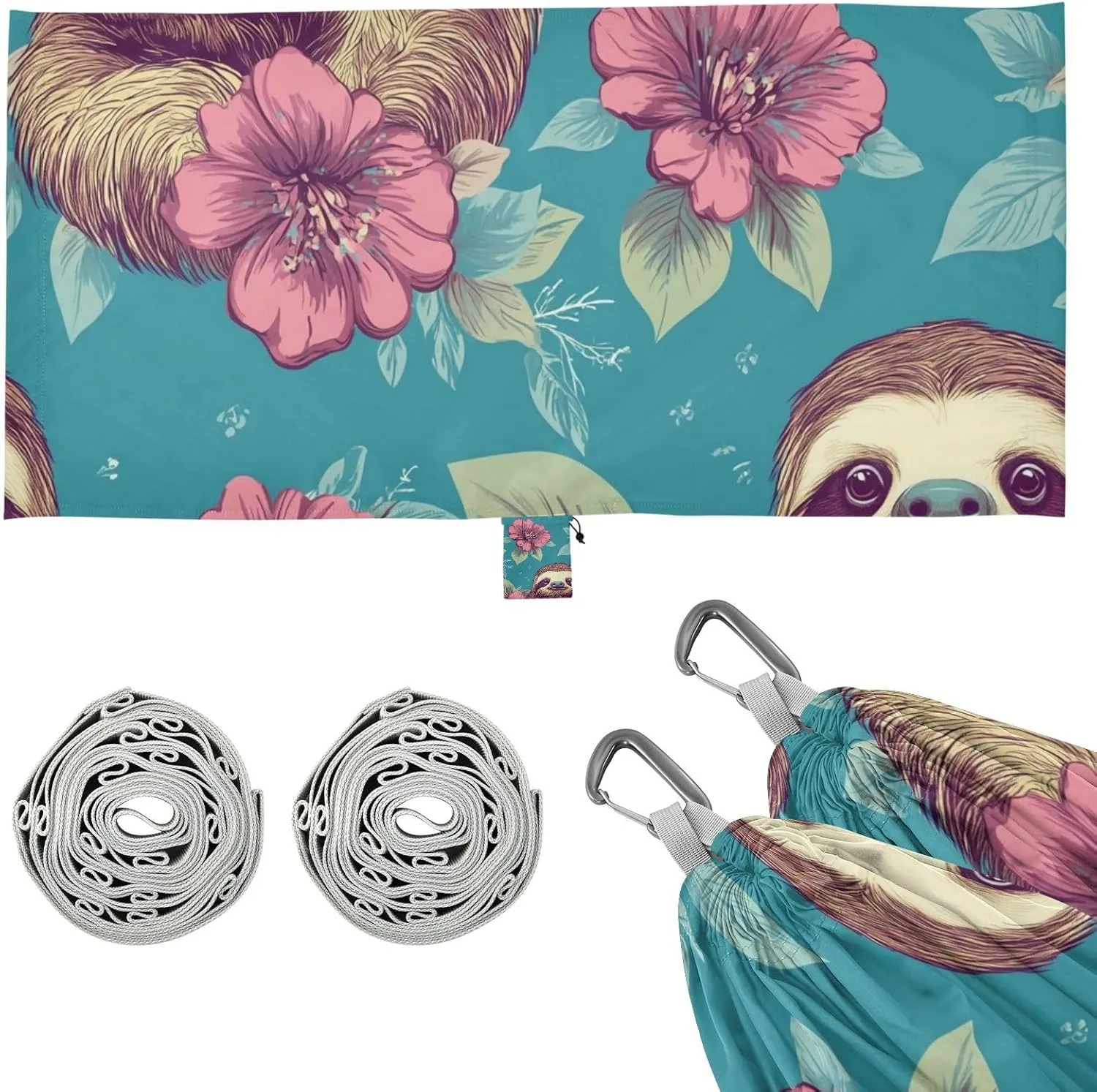 Sloth Flower Leaf Blue Camping Hammocks with Portabl Carry Bag Backyard Hammock for Outside Patio Backyard Poolside