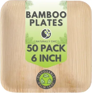 Small 6 Inch Square Bamboo Plates Disposable - 50 Pack - Biodegradable Palm Leaf Dessert Plates for Appetizers and Cocktail Party - Compostable and Eco-Friendly