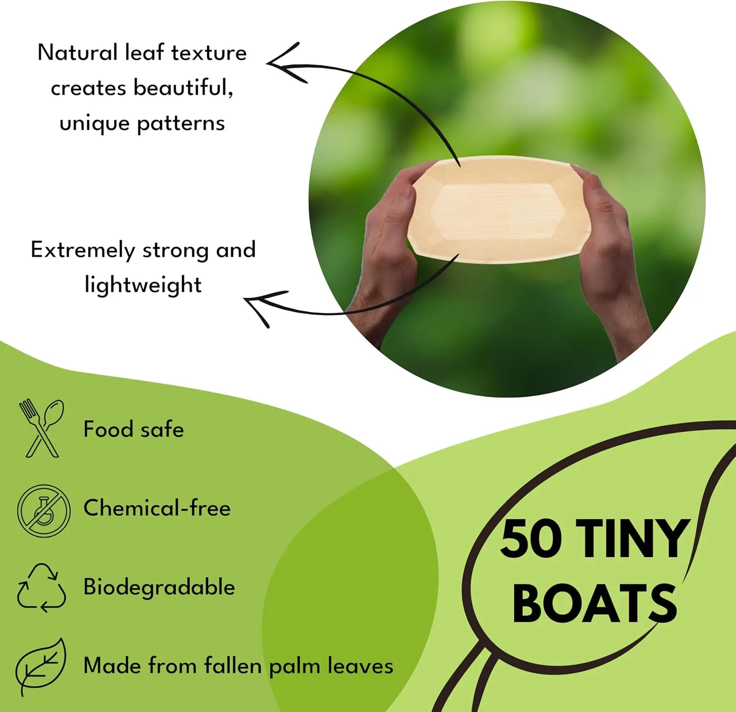 Small Palm Leaf Food Boats – Tiny 8 Inch Bamboo Boats for Food - Eco Friendly Wood Like Boat Tray - Disposable, Compostable Serving Platters for Charcuterie Boards, and Parties - 50pk