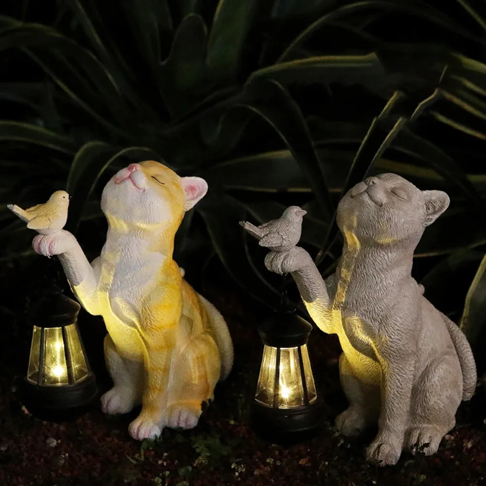 Solar Animal Lamp Solar Little Cat Lamp Resin Mini Statue Cat Outdoor Lantern Garden Ornament Light for Yard Balcony Pathway