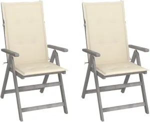 Solid Acacia Wood Patio Reclining Chairs Set with Cream Cushions - 5-Position Adjustable Outdoor Lounge Chairs, Gray Wash Wooden Furniture for Backyard Poolside Deck Garden