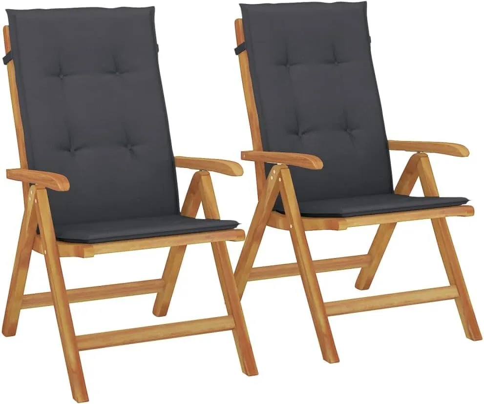 Solid Teak Wood Reclining Patio Chairs with Cushions 2-Piece Set, Foldable Outdoor Lounge Chairs Adjustable Backrest for Poolside, Garden, Backyard Furniture