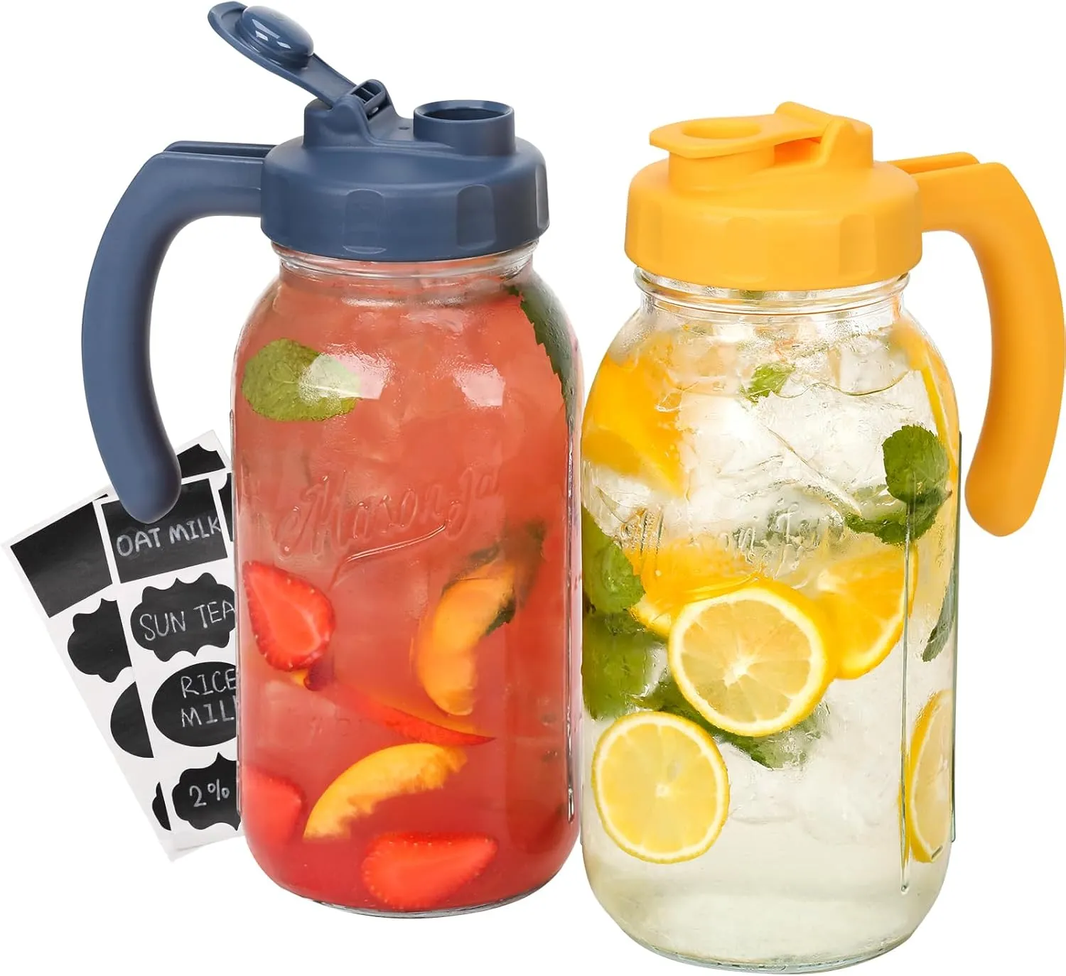 Soligt Glass Mason Jar Pitcher with Lid, Wide Mouth Flip Cap Pour Spout Leak-proof Lid with Handle, 64 oz (2 Quart / 1.9 Liter), for Sun Tea/Iced Tea/Juice/Cold Brew Coffee/Milk