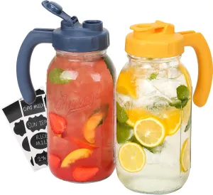 Soligt Glass Mason Jar Pitcher with Lid, Wide Mouth Flip Cap Pour Spout Leak-proof Lid with Handle, 64 oz (2 Quart / 1.9 Liter), for Sun Tea/Iced Tea/Juice/Cold Brew Coffee/Milk